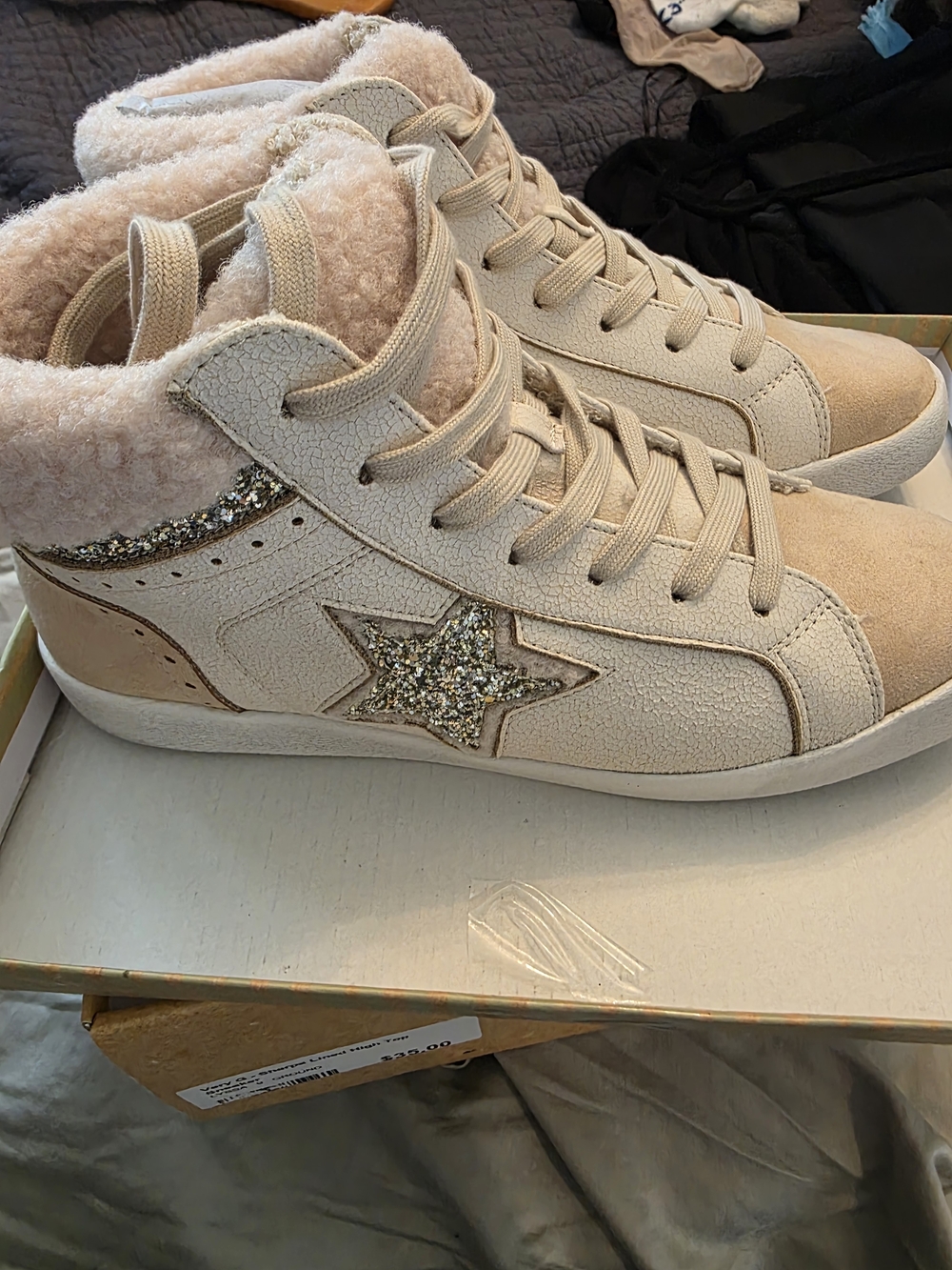Very G Cream High-Top Sneakers with Gold Glitter Star Accent